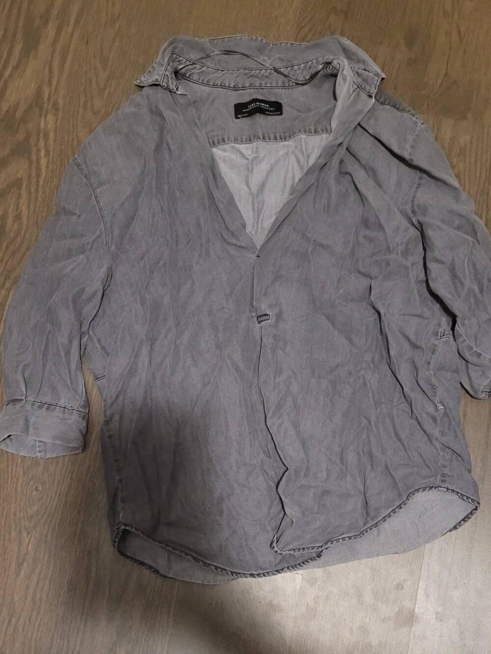 Zara Washed Grey Chambray V-Neck Blouse